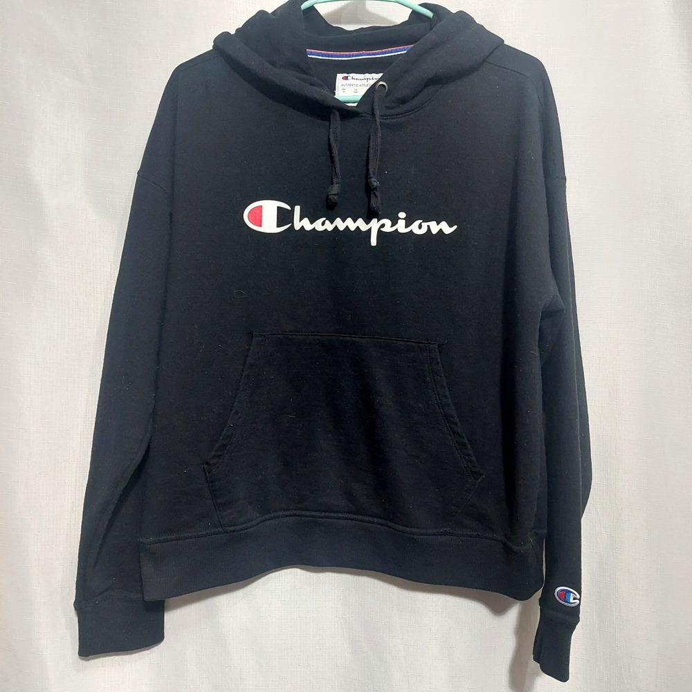 Champion Mens Size Medium Hooded Fleece Sweatshirt Black Kangaroo Front Pocket